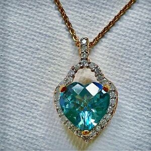 Blue Topaz Heart Pendant December Birthstone 4 Carats Diamonds 18K Gold Vermeil